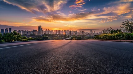 Round asphalt road and city skyline with colorful sky clouds at sunset : Generative AI