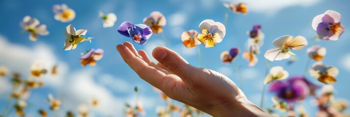 Poster - A close-up photograph of a hand releasing pansies against a blue sky. The image has a shallow depth of field, highlighting the delicate beauty of the flowers