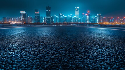 Poster - Asphalt road and modern city skyline with buildings in Hangzhou at night : Generative AI
