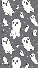 Wall Mural - Cute, minimalistic hand-drawn illustration of small white ghosts on a grey background, looking friendly and playful.