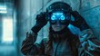 © saichon - A female soldier in tactical gear adjusts her night vision goggles while standing in a dimly lit hallway, prepared for a mission.