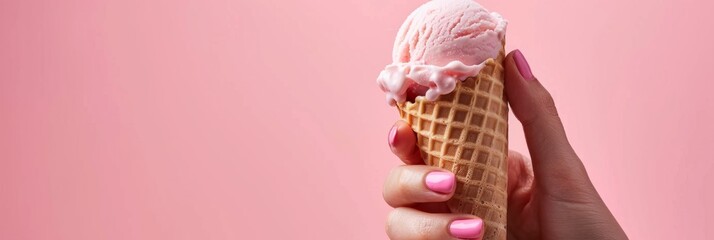 A closeup photo of a womans hand delicately holding an ice cream cone topped with pink ice cream. The hand features a pink manicure and is set against a soft pink background