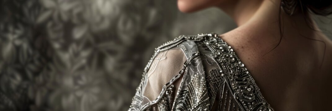 A close-up image of a womans shoulder and back, showcasing the intricate silver art deco pattern of her dress