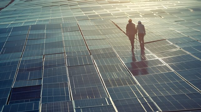 The solar farmsolar panel with two engineers walk to check the operation of the system Alternative energy to conserve the worlds energy Photovoltaic module idea for clean energy produc : Generative AI