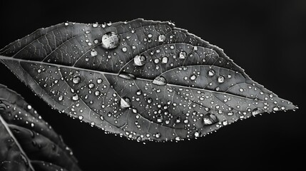 Aufkleber - water droplets on a leaf in black and white Leaf texture detail black and white low key effect : Generative AI