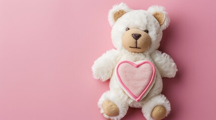 Sticker - White Teddy Bear with Heart Shaped Cookie on Pink Background for Valentine s Day Theme