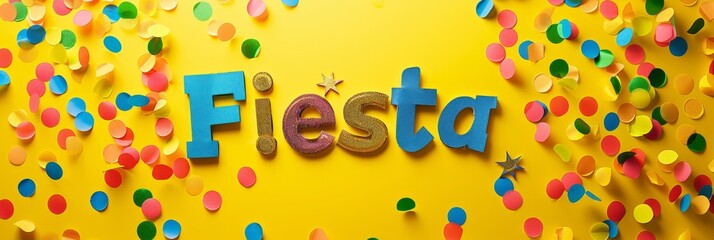 Poster - Fiesta with colorful letters on a yellow background, confetti, and festive decorations. Joyful Spanish culture celebration with a bright, happy mood
