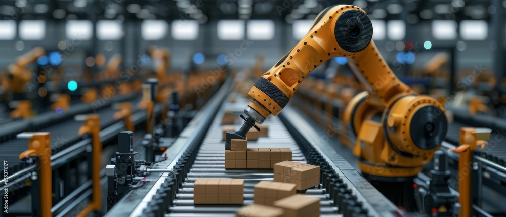 Industrial robotic arm moving boxes on a conveyor belt in a factory ...