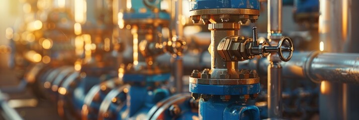 Close-up view of industrial gas valves and pipes, illuminated by the warm glow of the setting sun, with copy space on the right