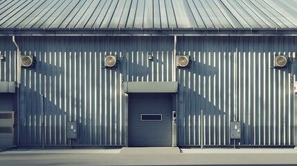 Poster - Industrial building with steel roof construction and  installed exhaust fans on the wall and with hydrant installation : Generative AI