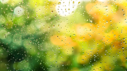 Poster - Rain drops on the window with blurred green trees in background Autumn concept : Generative AI