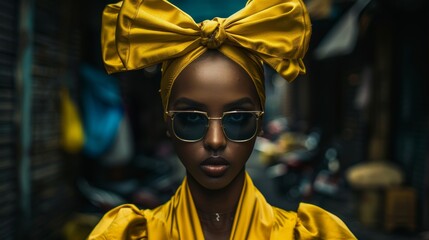 Sticker - Stylish woman in yellow headwrap and sunglasses posing confidently