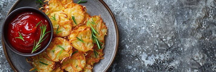 Wall Mural - A rustic plate filled with crispy hashbrowns, garnished with rosemary, sits next to a bowl of organic ketchup