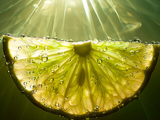 A lemon slice underwater with bubbles rising, illuminated by light rays, representing refreshment, citrus, and invigorating sensations.