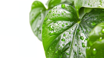 Aufkleber - Philodendron green leaves white background isolated close up Homalomena leaf fresh rain water drops exotic tropical plant natural floral design element organic nature heart shape folia : Generative AI