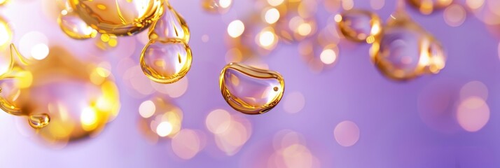 Poster - A close-up image of shimmering golden serum droplets suspended in mid-air, captured against a soft pastel purple background, creating a luxurious and elegant visual