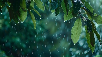 Aufkleber - raining shower drop on leaf tree close up of rainfall in jungleHeavy Rain Falling on Tree Leaves in forest droplets fixed on green leaves Raining day in tropical forest Raindrop in dee : Generative AI