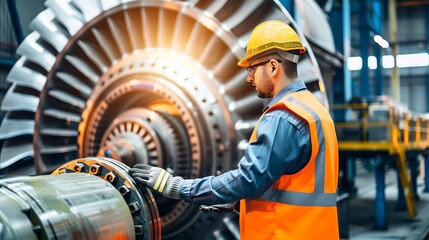 Poster - Industrial worker inspects turbine preengine start in industrial setting Showcases industrial workers focus on safety efficiency Ideal for highlighting an industrial workers expertise : Generative AI