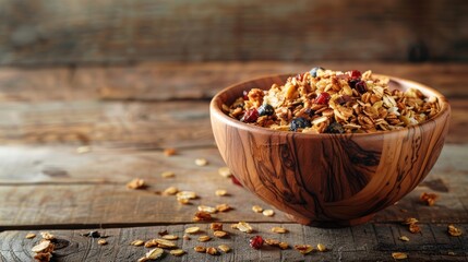 Wall Mural - Rustic Wooden Bowl with Crunchy Granola and Space for Text