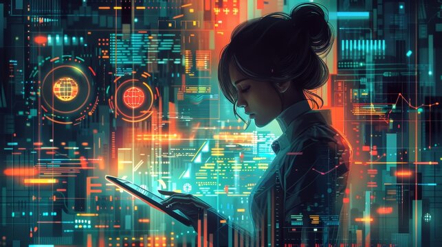 A stylized illustration of a businesswoman using a digital tablet to analyze data, with futuristic graphs and charts floating around her in a virtual space.