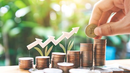 Poster - Save money and investment growth concept Businessman hand holding coin on stack coins with white arrows rising Financial and business Management money for retire tax bank deposit accou : Generative AI