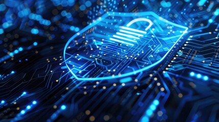 Poster - Cyber security shield glowing in blue against a digital backdrop, illustrating advanced protection measures