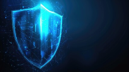 Poster - Cyber security shield glowing in blue against a digital backdrop, illustrating advanced protection measures
