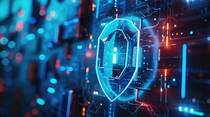 Poster - Cyber security shield glowing in blue against a digital backdrop, illustrating advanced protection measures