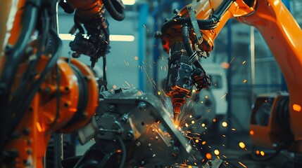 Fototapete - Engineers check and control welding robotics automatic arms machine in intelligent factory automotive industrial Digital manufacturing operation Industry 40 : Generative AI