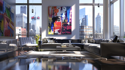 Sticker - Modern Living Room with City View.