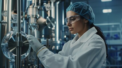 Aufkleber - Experienced female technologist scientist controlling medicine production process in pharmaceutical factory : Generative AI