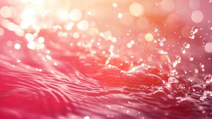 Wall Mural - Blurry red water surface with splashes and bubbles Abstract nature backdrop with sunlight reflections