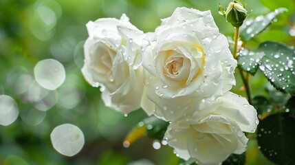 Fototapete - white roses in the garden with raindrops macro : Generative AI