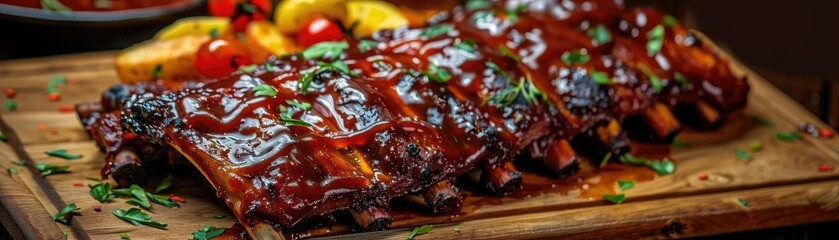 Wall Mural - Close-up of mouthwatering BBQ ribs glazed with sauce, garnished with herbs, and served on a wooden board alongside grilled vegetables.