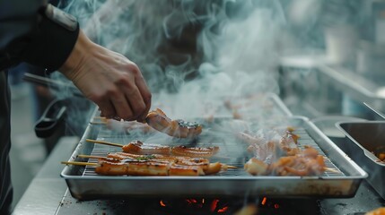 Wall Mural - Action of a cooker is grilling eel or unagi meat stick Street food cooking photo selective focus : Generative AI