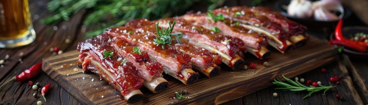 Close-up of delicious, juicy barbecue ribs served on a wooden board, garnished with herbs and accompanied by a rustic background.