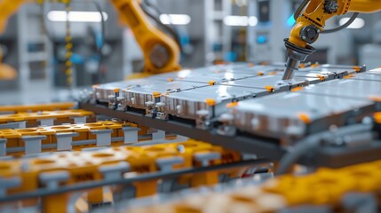 Aufkleber - Modern EV Factory On Automated Production Line Robot Arms Transporting Automotive Battery Modules onto Conveyor Belt Electric Car Battery Pack Manufacturing Process : Generative AI