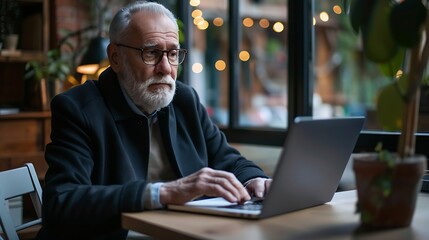 Mature business man executive manager looking at laptop computer watching online webinar training or having virtual meeting video conference taking notes doing market research working  : Generative AI