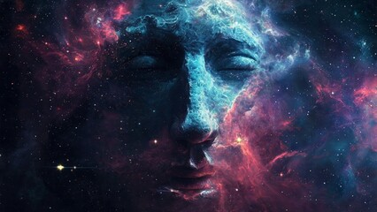 Wall Mural - Vibrant cosmic scene with nebulae, stars and huge abstract human face.