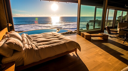 Wall Mural - A large bed with a view of the ocean