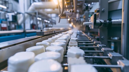 Poster - Cow cheese making white feta mozzarella cheese production line Forming machine at cheese and milk dairy food production in an industrial factory Traditional European healthy food manuf : Generative AI