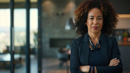 Poster - Middleaged biracial female manager standing with arms crossed at office copy space : Generative AI