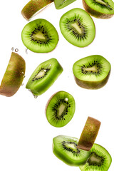 Wall Mural - Slices of kiwi falling, isolated white background