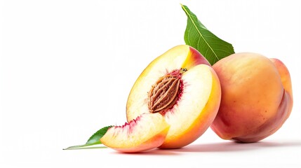 Aufkleber - Peach isolated Whole peach with a slice on white background Peach fruit with leaf and cut pieces Full depth of field : Generative AI
