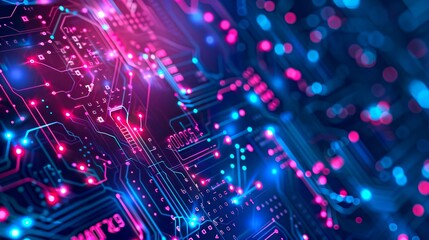 Aufkleber - High-tech digital circuit board close-up with glowing neon lights in vibrant colors. Conceptual representation of modern technology and innovation in electronics. Futuristic design theme. AI