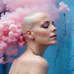 Wall Mural - image portrait of bald female suffering from strange disease while standing near blue wall with pink smoke eyes closed