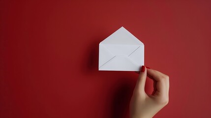 Aufkleber - Dolls hand takes White notification message mail envelopes on red background Creative minimalism layout : Generative AI