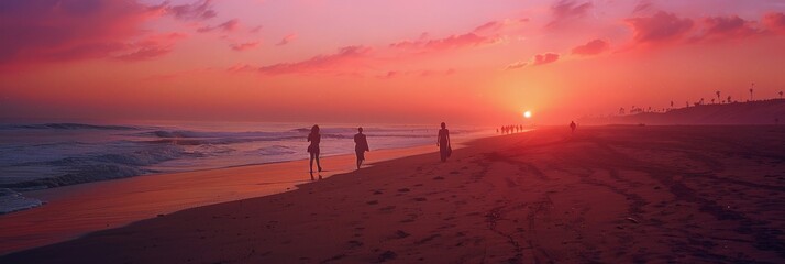 Wall Mural - A dramatic silhouette photo of people walking along a sandy beach during sunset