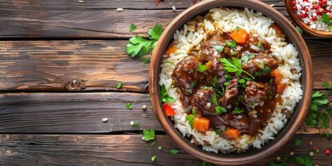 Canvas Print - Caribbean Oxtail Stew Rice Top View with Copy Space High-Quality Image. Concept Caribbean Cuisine, Oxtail Stew, Rice, Top View, Copy Space, High Quality Image