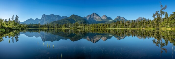 Wall Mural - A serene mountain lake reflects the towering peaks and a clear blue sky, creating a tranquil scene on a summer day